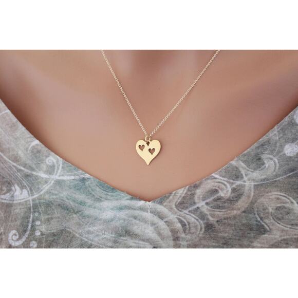 Gold Heart with Two Heart Cutouts Charm Necklace - Picture 1 of 3